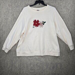 Womens Plus Size Ivory Sweatshirt Floral Embroidery Long Sleeve Crewneck 3X